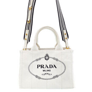 Prada Canapa Tote canvas handbag top handles 2way White